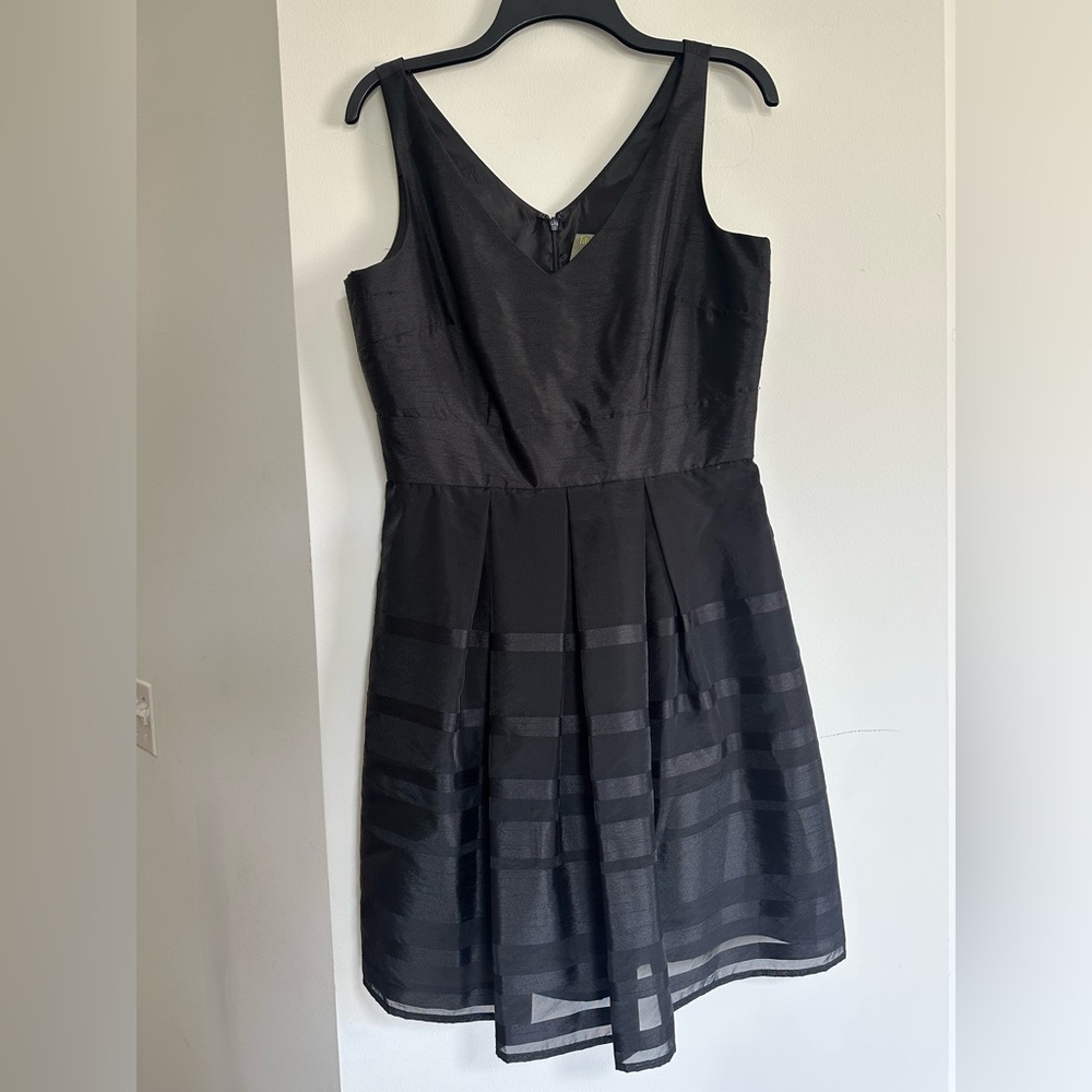 Women's black cocktail dress - sheer striped overlay